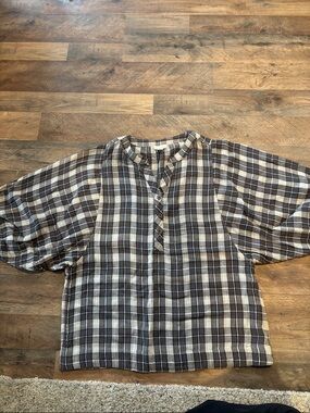 Garnet Hill Brown & Cream Plaid Short-Sleeve Button-Front Shirt